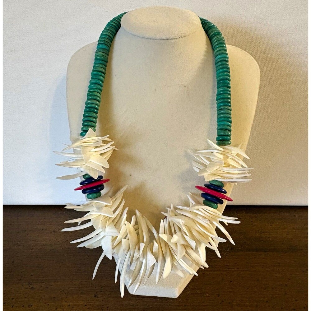Tropical Statement Beaded White Shell Necklace Green Heishi Beads Barrel Clasp